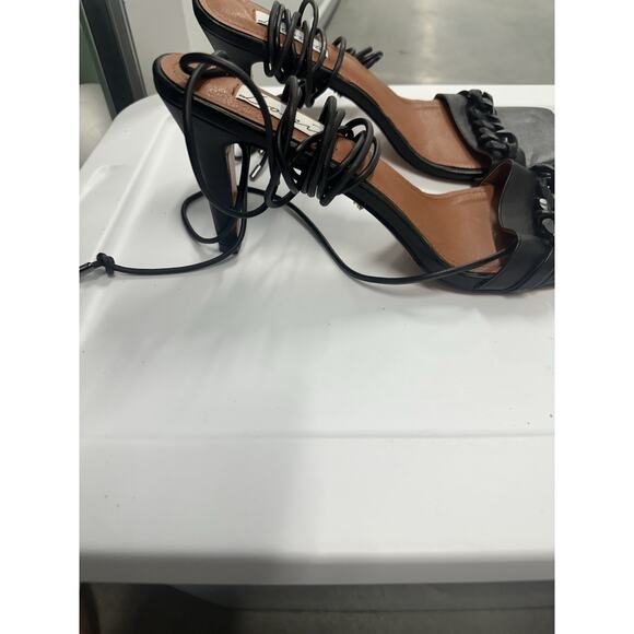 Lonia Black Vegan Leather Open Toe Chain Tie Up Ankle Strap Sandal, 13 - Picture 10 of 11